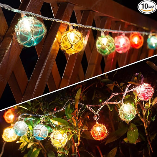 Nautical Fishing Float String Lights, Beach Themed Buoy Lights Set of 10 Multicolor String Lights for Indoor Home Decor and Outdoor Patio Decorations
