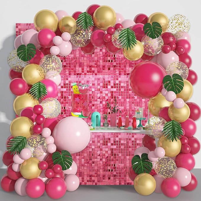 24PCS Deep Pink Shimmer Wall Backdrop, Laser Square Sequin Photo Backdrops Panel, Glitter Wall Background for Birthdays, Weddings, Christmas, Engagements, Disco Bachelorette Party Decor (4FTx6FT)