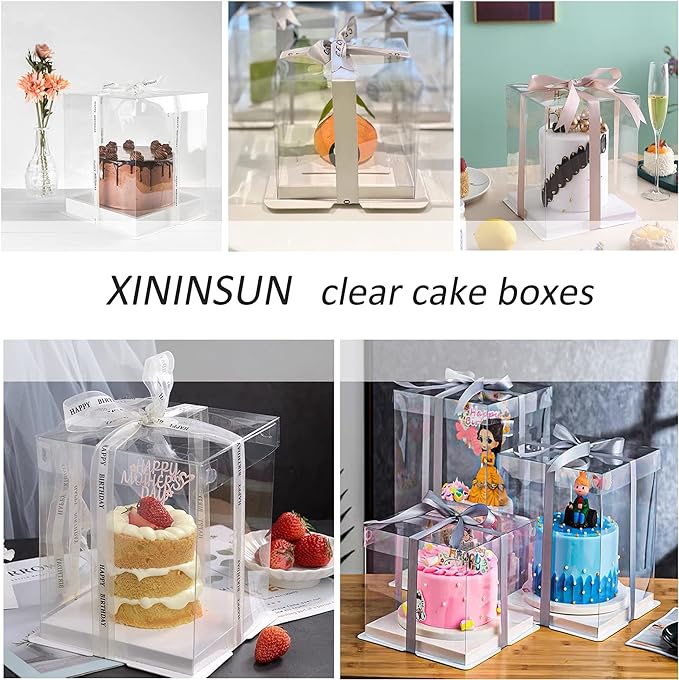 XININSUN 10 inch Clear cake Box, Large Transparent cake Box,tall cake boxes with Ribbon,10x10x9inch - Suitable for packing 8" or 10" cakes,Clear Gift Display Box for Carry Tall Layer Gift-6Pcs-White