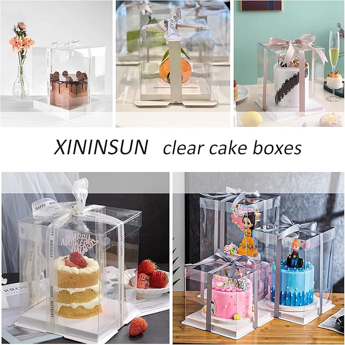 XININSUN 6Pcs Tall Cake Boxes Clear cake Box with Ribbon, 12x12x 10inch,Ideal for Large 10" and 12" Inch Tall Layer Tiered Cakes and Clear Gift Boxes for Wedding Party and Gift Display - White