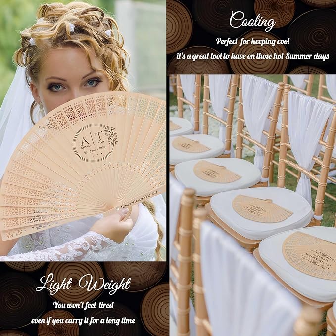 50 PCS Custom Fans Personalized Folding Fans for Line Dancing Wooden Hand Fan Wedding Favors Bulk Fans for Guests Party Event Use (Style06)