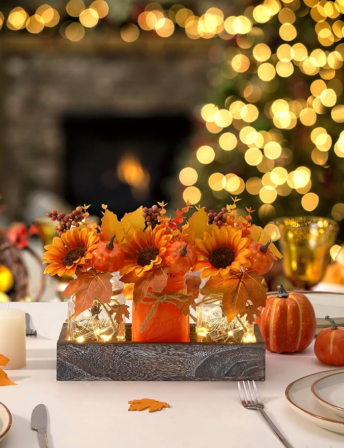Fall Thanksgiving Table Decor, Centerpieces for Tables with Mason Jars, Fake Flowers, Wood Tray, 25 Pcs Pumpkin Fall Thanksgiving Centerpieces Table Decorations for Home Indoor, Autumn Decor