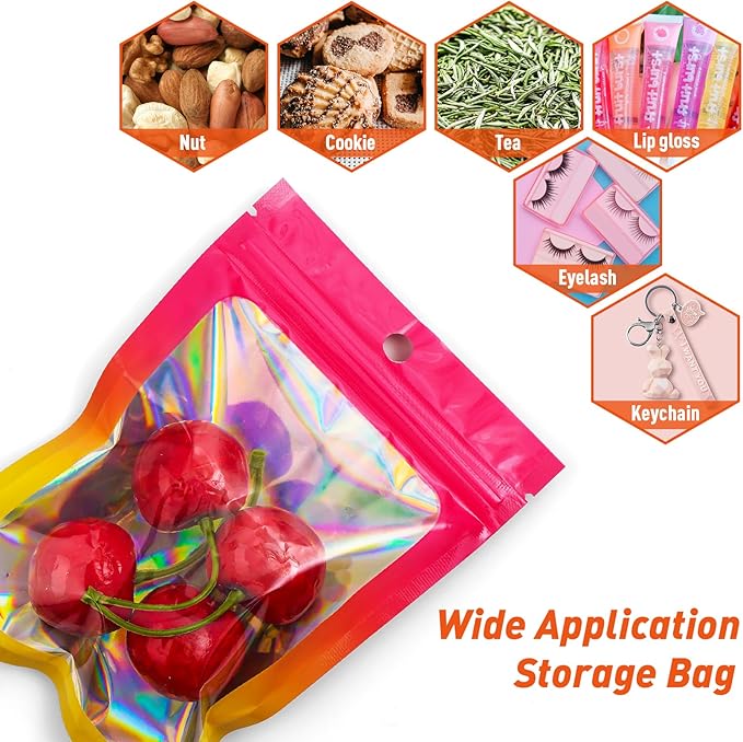 Funfery 100 Pack Gradient Holographic Bags,Mylar Resealable Bags with Zipper,Clear Window Packaging Pouchs,Foil Smell Proof Bag for Food Storage,Sample Jewelry Bag(5.5x7.9In,Hot Pink Orange)