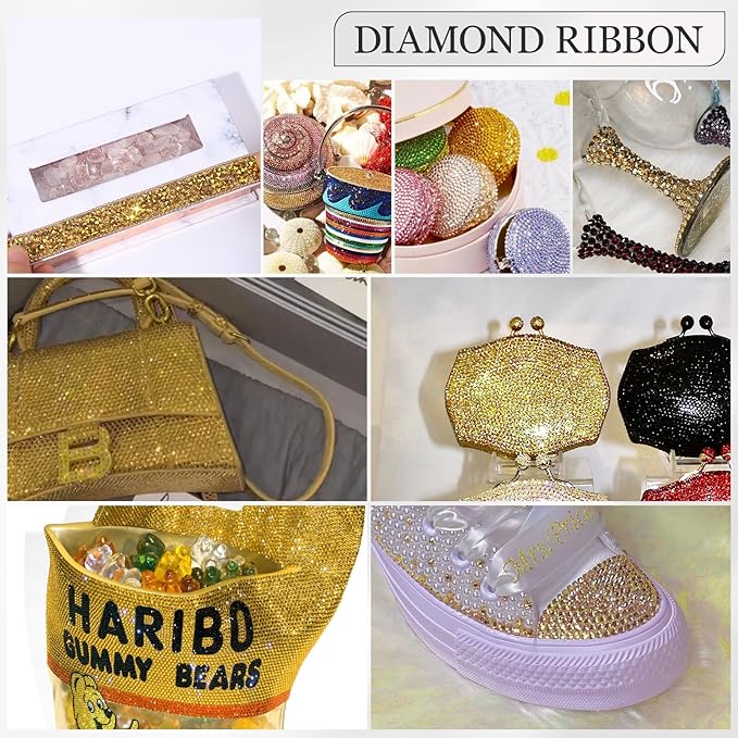 Rhinestone Ribbon 3 Yards Self Adhesive Rhinestone Strips Diamond Ribbon Sticker Crystal Roll Glitter Bling Rhinestones Tape for Crafting DIY Art Decoration (Gold,0.4 Inch)