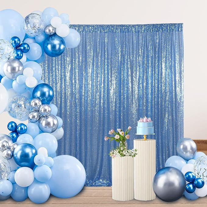 SquarePie Sequin Backdrop 8FT x 8FT Baby Blue Curtain Background for Wedding Party Decoration