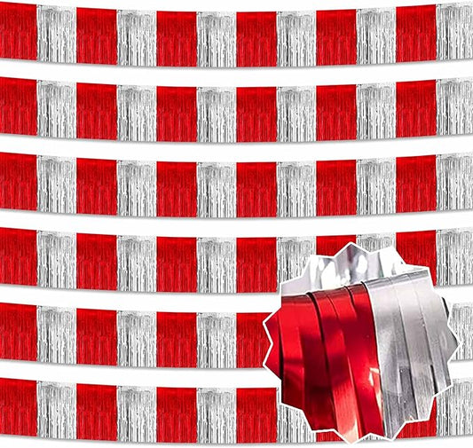 6 Pack 10 Feet Red and Silver Tinsel Foil Fringe Garland, Metallic Streamers Banner Wall Hanging Garland for Parade Floats, Graduation, Birthday, Baby Shower, Disco, Celebration Party Decoration