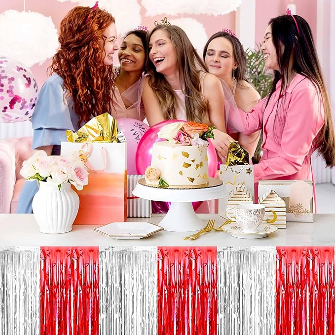 3 Pack 29 x108 Inch Red and Silver Foil Fringe Table Skirts Metallic Banner for Tinsel Streamer Garland Backdrop for Parade Floats Mother's Day, Graduate, Birthday, Wedding Party Decoration