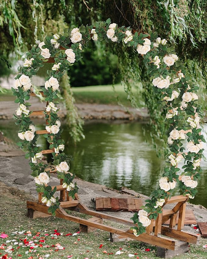 U'Artlines 3 Pack Artificial Champagne Rose Vines Floral Garlands Total 19.5 Ft Fake Vine Silk Flower Garland for Indoor Outdoor Home Wedding Arch Garden Wall Decoration