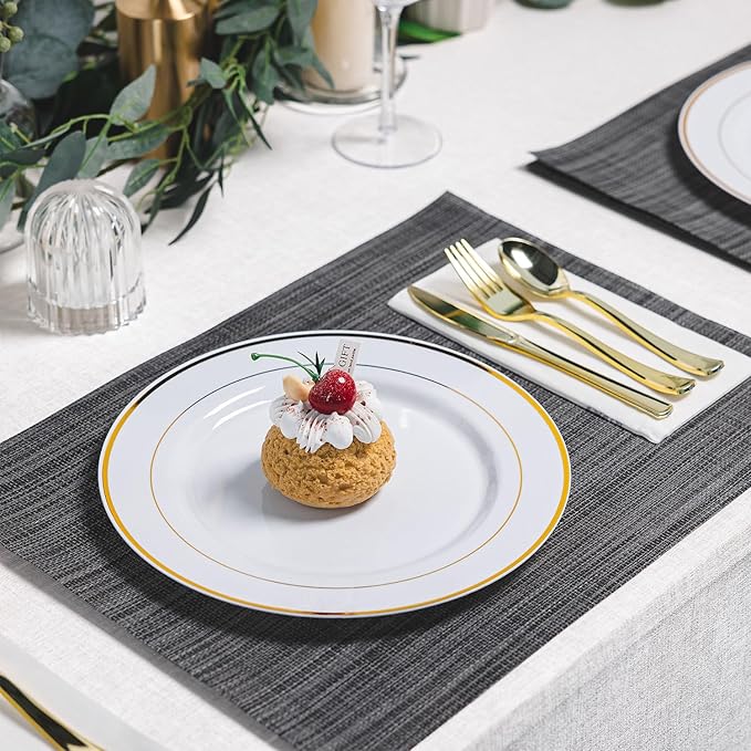 N9R 100PCS Gold Plastic Plates, 10.25 inch White Disposable Dinner Plate with Gold Rim, Heavy Duty Plates for Party Wedding and Birthday