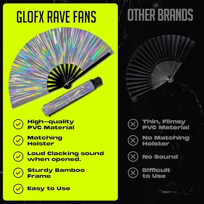 Holographic Folding Fan with Holster – Large Handheld Fan for Line Dancing, Festivals, Pride, and Costumes – Loud Bamboo Fan with Matching Belt Holster