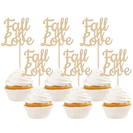 24 PCS Fall in Love Cupcake Toppers Glitter Fall Theme Bridal Shower Cupcake Picks for Autumn Wedding Engagement Anniversary Birthday Bridal Shower Party Cake Decorations Supplies Champagne Gold
