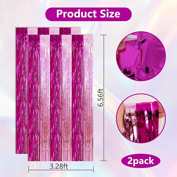 BEISHIDA Hot Pink Pink Door Streamers Backdrop Foil Fringe Tinsel Party Streamers Curtains Photo Backdrop -2Pcs for Girl Birthday Valentines Baby Shower Graduation Bachelorette Party Decoations