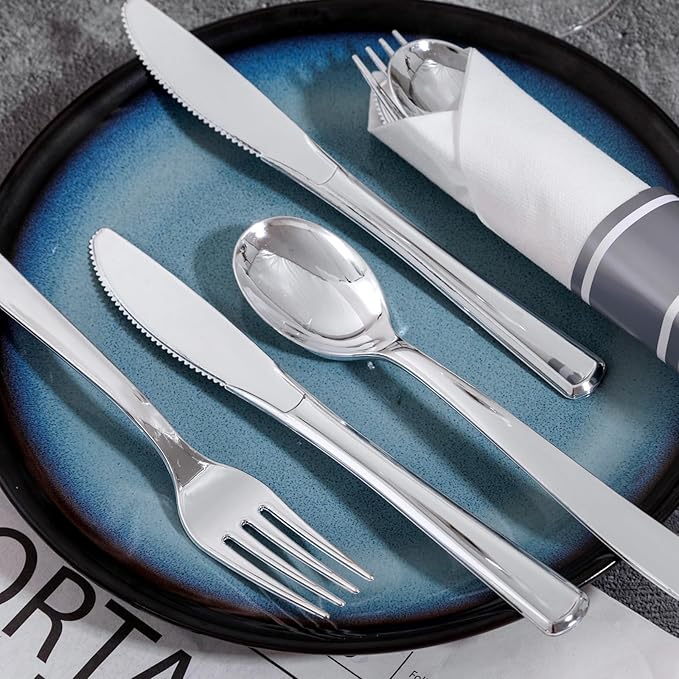 200Guests Pre Rolled Silver Plastic Silverware Sets - Heavy Duty Silver Cutlery - Include 200 Pack Wrapped Disposable Utensils with Napkins for Parties & Dinners & Weddings