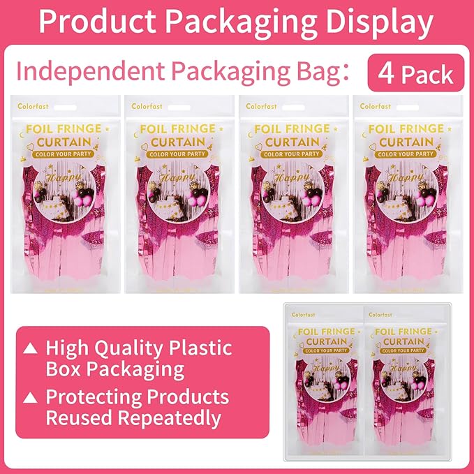 Picoway 4 Pack Pink Foil Fringe Tinsel Backdrop Curtains, Birthday Engagement Bachelorette Party Decorations, Photo Booth Props Door Streamers Curtain