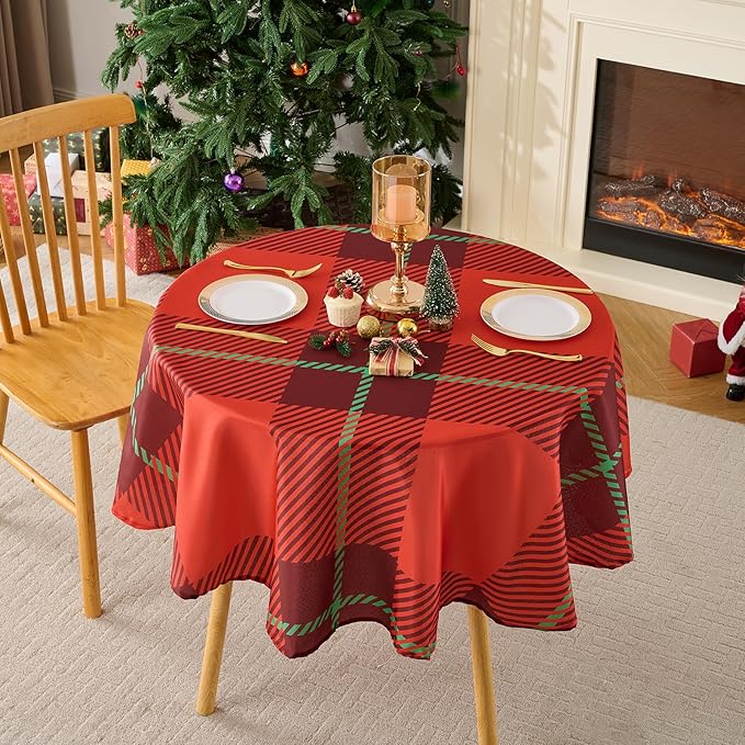 Christmas Tablecloth Round 60 Inch Waterproof, Machine Washable Checkered Polyester Table Cover for Xmas Party, Winter Holiday Home Decoration in Festive Checkered Red 1pack