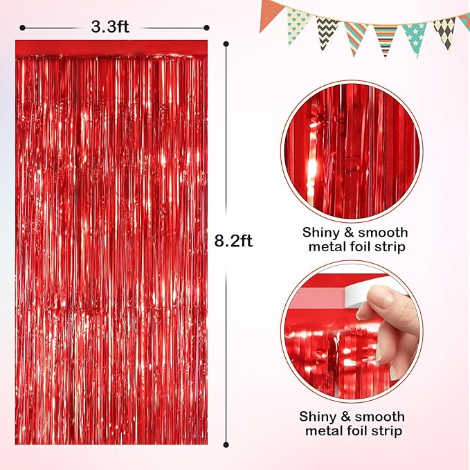 Red Metallic Tinsel Foil Fringe Curtains, 4 Pack 3.3x8.3 Feet Streamer Backdrop Curtains for Birthday Party Decorations, Halloween Decor, Foil Curtain Backdrop for Bachelorette Party