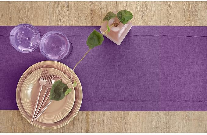 Solino Home Linen Table Runner 90 Inches Long - Classic Hemstitch 100% Pure Linen Purple Dining Table Runner 14 x 90 Inch for Fall, Autumn, Halloween, Thanksgiving, Holiday