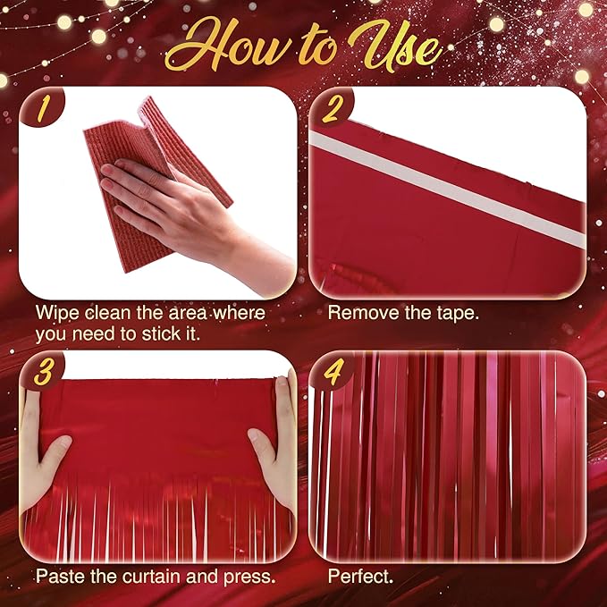 2 Pack Red Fringe Backdrop, 3.2x8.2ft Shining Foil Tinsel Curtains, Birthday Party Decorations Door Streamers for Halloween, Christmas, Wedding, Graduation, Holiday, Theme Events