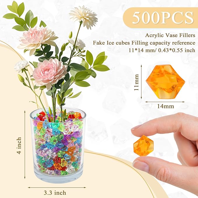 YATOJUZI 500pcs Fake Ice Cubes Acrylic Gems Gemstones Multicolor Vase Filler Crushed Rocks Plastic Diamonds Crystals for DIY Party Wedding Centerpiece Table Scatter Prop Display 0.5" (Random Color)