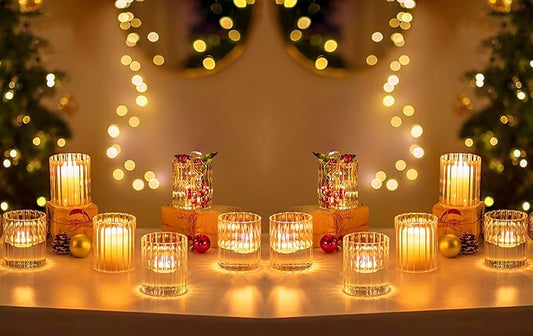 Hewory 24PCS Small Glass Hurricane Candle Holders Bulk - Short Clear Cylinder Vases for Centerpieces, Low Ribbed Vase for Wedding Reception Anniversary Baby Shower Events Party Home Table Decor