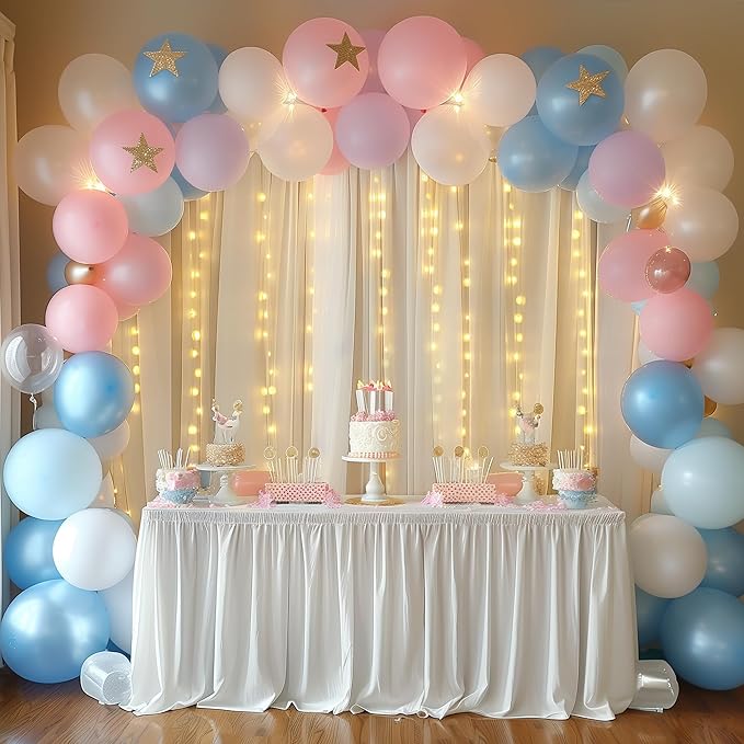 Fomcet Tulle Curtains with Lights String Ivory 20FT X 10FT Sheer Backdrop Curtains for Parties Wedding Baby Shower Photo Shoot Decorations (4 Panels 5 x 10FT)