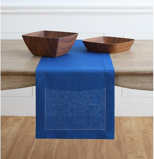 Solino Home Linen Royal Blue Table Runner 132 Inches Long - 100% Pure Linen Extra Long Table Runner 14 x 132 Inch - Classic Hemstitch