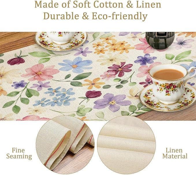 Floral Decorative Table Runner, Watercolor Floral Botanical Rustic Modern Style Pattern Printed Long Table Runner for Restaurant Kitchen Party,13in（33cm） W * 108in（274cm） L