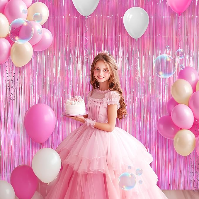 2 Pack Hot Pink Iridescent Streamers Backdrop, 3.3x6.6ft Foil Fringe Curtains Holographic Door Tinsel Streamers Photo Booth Prop for Birthday, Wedding, Holiday, Bachelorette, Theme Party Decorations