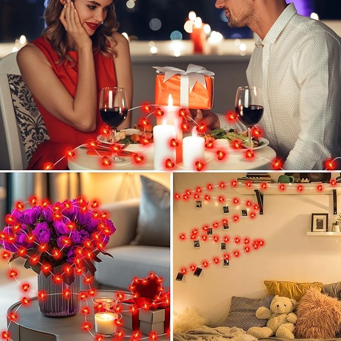 2 Pack Valentine’s Day Red Heart Fairy String Lights 16FT 50 LEDs Valentine's Day Lights Battery Powered Mother Day Decor