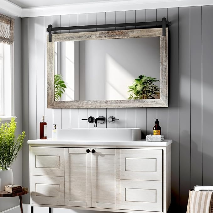 COGOOD Farmhouse Barn Door Mirror - 41" x 26" Rustic Wood Framed Wall Mirror for Bathroom, Living Room, Entryway Wall Decor (Yellow White)