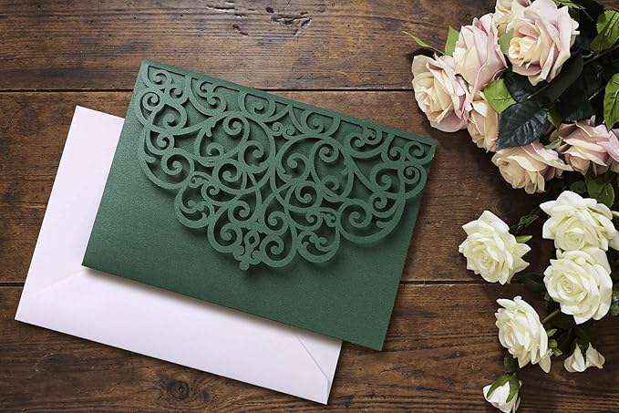 PONATIA 5.12 x 7.2 Emerald Green Laser Cut Invitation Cards, 20PCS Tri-Fold 5 x 7 Trifold Wedding Invitation Cards Pockets with Envelopes for Wedding Bridal Shower Engagement Birthday Quinceanera