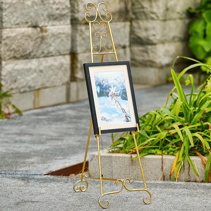 Metal Large Free Standing Adjustable Display Stand Scroll Easel with Chain Support, Gold Easel Stand for Sign, Heavy Duty Easel for Mirror, Wedding, Picture Frame (No Installation Required)