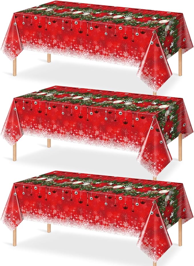 3Pieces Merry Christmas Tablecloth Plastic Christmas Tree Ball Table Cover Rectangle Winter Snowflake Tablecloth for Merry Christmas Holiday New Year Eve Party Decorations Supplies,54x108inch