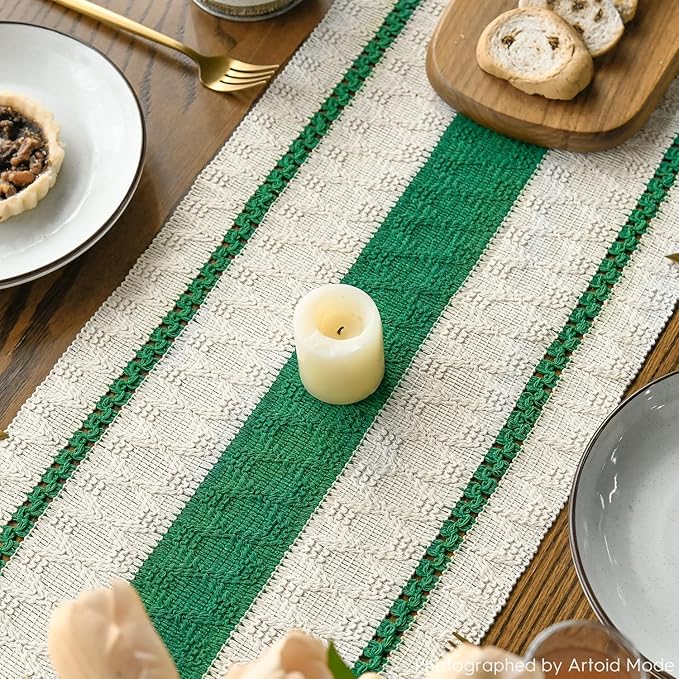 Artoid Mode Dark Green Farmhouse Woven Rustic Table Runner, Seasonal Holiday Hollow Kitchen Dining Table Decoration for Home Party Decor 12x60 Inch