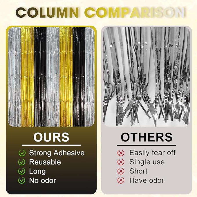 3 Pack 3.3 x 8.2 ft Black Gold Silver Foil Fringe Backdrop Curtains, Tinsel Streamers Party Decorations, Fringe Backdrop, Door Shimmer for New Years or Birthday Party