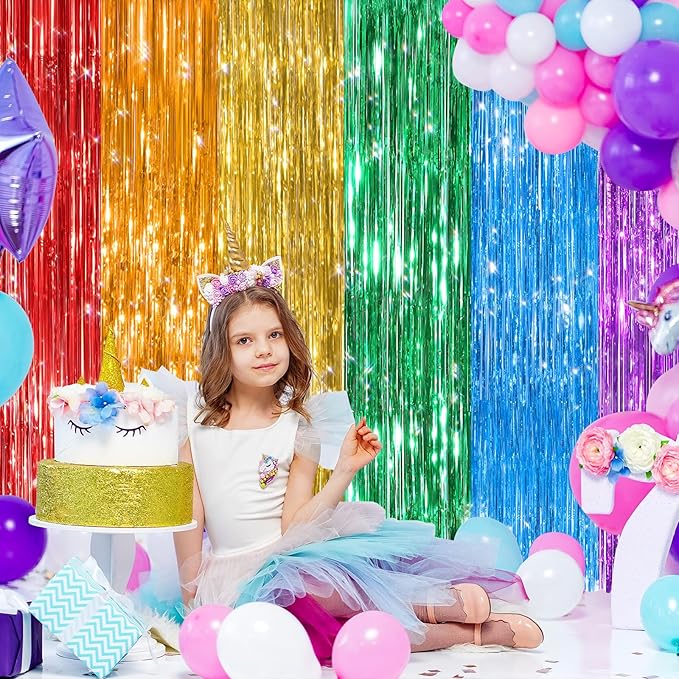 2 Pack Rainbow Metallic Tinsel Foil Fringe Curtains, Door Streamers Photo Booth Backdrop for Birthday Party, Tinsel Curtain Backdrop for Baby Shower Bachelorette Christmas Party Decorations