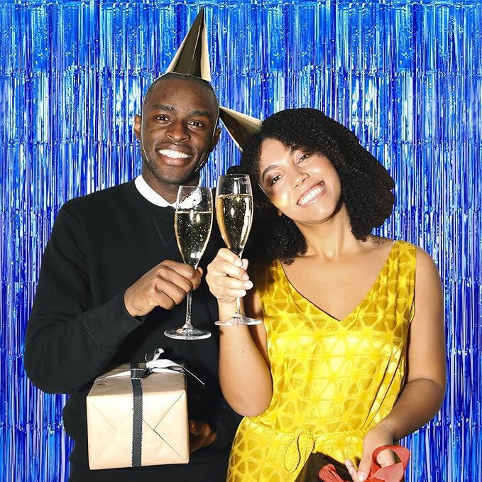 10 Pack Blue Backdrop Curtain 3.2ft x 8.2ft Metallic Tinsel Foil Fringe Curtains Photo Booth Background for Birthday Party Decoration Baby Shower Engagement Wedding Christmas Decoration (Blue)
