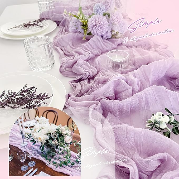 Aktor 4 Pack Lavender Table Runner Boho Cheesecloth Table Runner Semi Sheer Gauze Fabric Runners for Wedding Birthday Baby Shower Party Boho Table Decoration（Lavender）