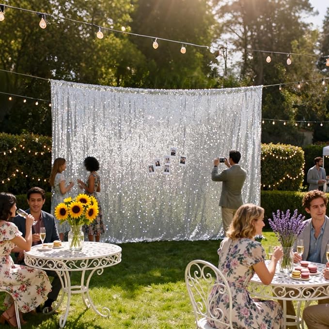VOK Silver Sequin Backdrop Curtains 4 Panels 2FTx8FT Glitter Photography Background for Wedding Birthday Christmas Party Decorations