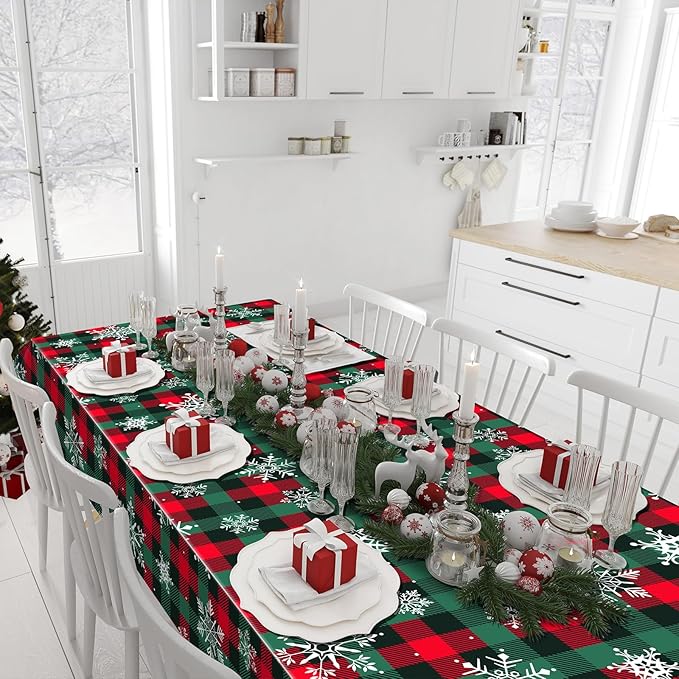 12Pcs Christmas Buffalo Plaid Snowflake Party Tablecloths Decorations,Plastic Red and Green Checkered Rectangle Table Cover for Winter Christmas New Year Birthday Holiday Party Decorations,54x108 inch