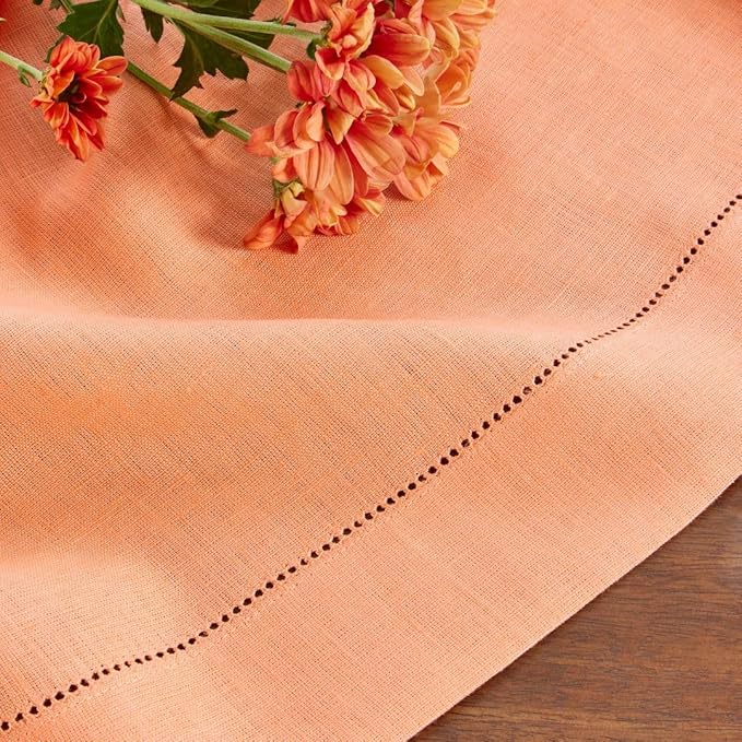 Solino Home Linen Coral Hemstitch Table Runner 36 Inches - 100% Pure Linen Small Table Runner 14 x 36 Inch Ideal for Dresser and Coffee Tables - Classic Hemstitch