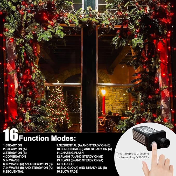 LAMPHOME 66ft Christmas Decorative Mini Lights,200 LED Transparent Wire Fairy Starry String Lights Plug in, 11 Lighting Modes, for Indoor Outdoor Xmas Tree Wedding Party Decoration (Red)