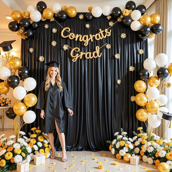 Black Satin Backdrop Curtains 2 Panels - Glitter Photo Drapes for Baby Shower, 10x10FT Shimmer Back Drop Cloth, Wrinkle Free for Birthday Party Prom Wedding Photoshoot Background