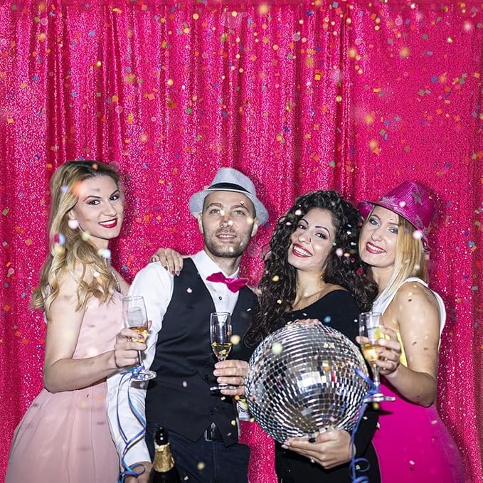PartyDelight Hot Pink 8FT X 8FT Sparkly Sequin Backdrop Curtains for Wedding Party Room Decorations