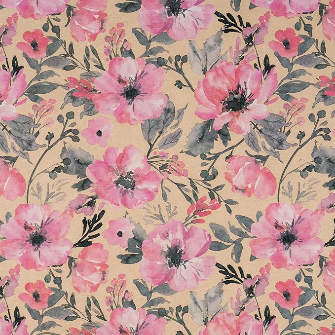 RUSPEPA Pink Flower Gift Wrapping Paper, 17 x 32.8 Feet, Mini Roll, Floral Gift Wrap Kraft Paper Roll for Women, Girls, Spring and Summer, Wedding and Bridal Shower
