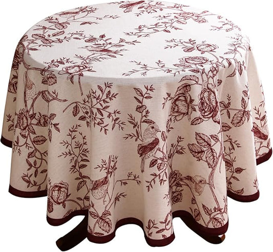 ISAENNE Designer Vintage Linen Small Round Tablecloth,Red Floral Pattern Linen Stain Resistant Table Cloth,Decor Tablecloths for Dining Thanksgiving Kitchen Tea Party,Diameter 55"-Harmony