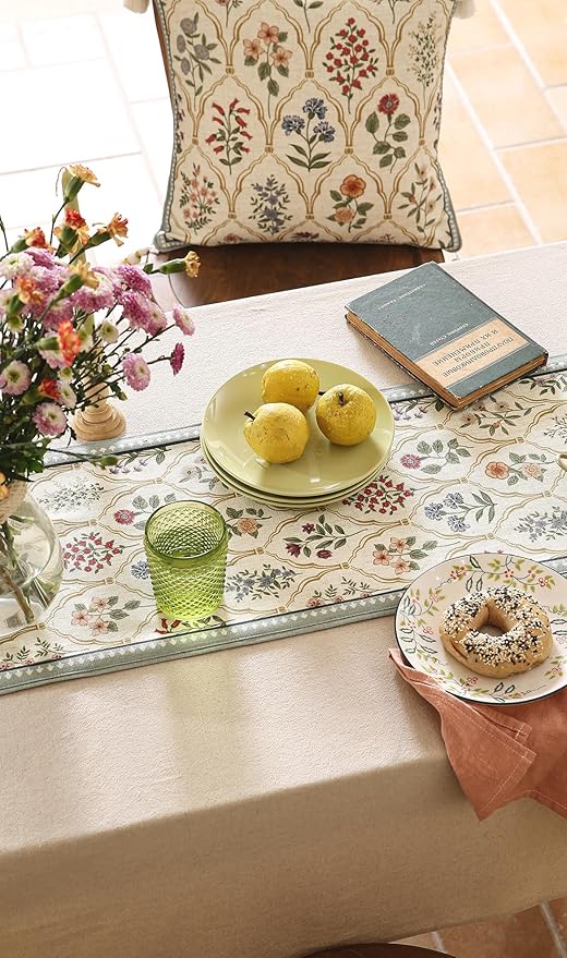 ISAENNE Designer Vintage Elegant Linen Table Runner 102 Inches Long,Colorful Wildflower Pattern Runner,Decor Table Runners for Dining Tables,Thanksgiving,Christmas,Banquet,12"*102"-Serenity B