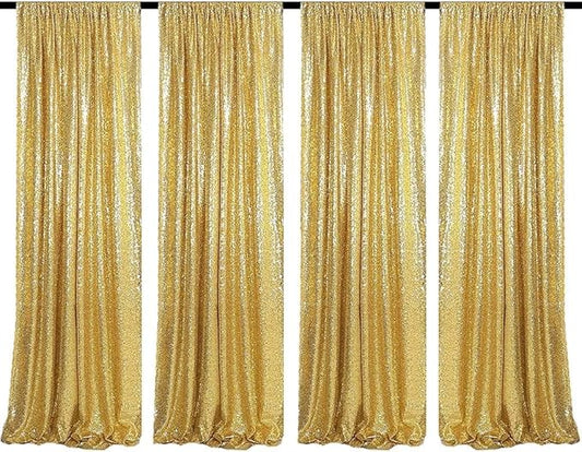Gold Sequin Backdrop Curtains 4 Panels 2FTx8FT Glitter Gold Drapes Photo Backdrop Party Wedding Baby Shower Curtain Sparkle Photography Background