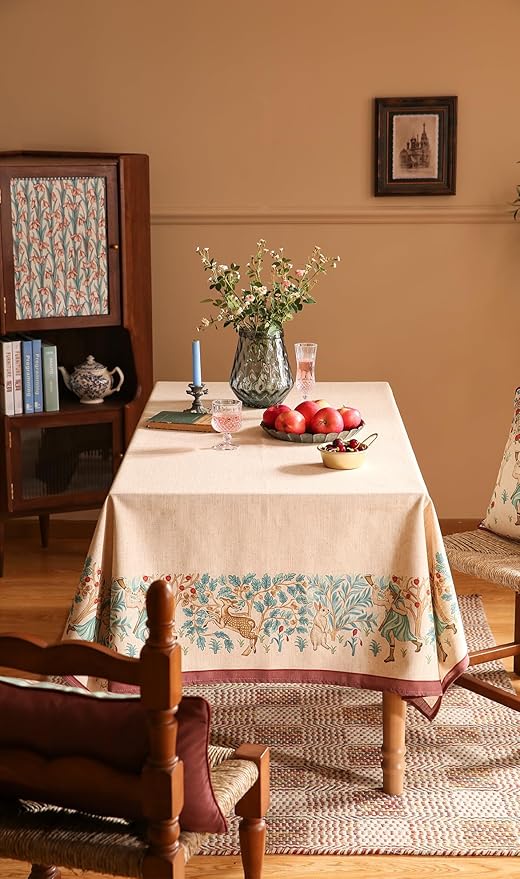 patdrea Designer Beige Rectangle Tablecloth,Vintage French Linen Trees Pattern Table Cloth,Decoration Table Cover for Kitchen Dining Christmas,Thanksgiving,Tea Party,55"x79"-Tatiana D