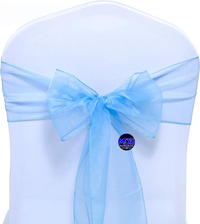 MDS Pack of 125 PCS Organza Chair Sashes Wider Dining Chair Bows Ribbon Tie Back for Wedding Party Birthday Bridal Shower Reception Event Banquet Home Chair Cover Decoration - Baby Blue